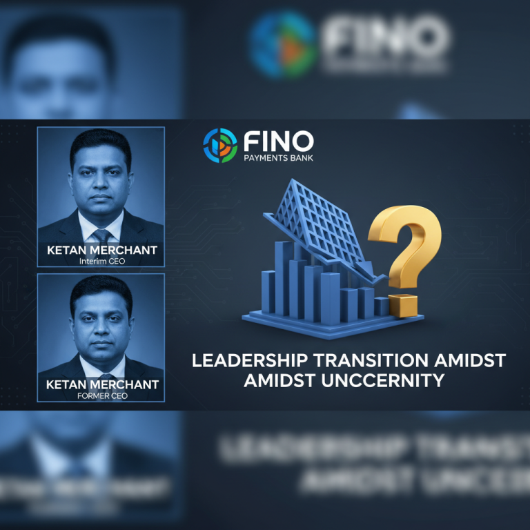 A professional image showing a blurred Fino Payments Bank logo, a bar chart with a downward trend, and a question mark.