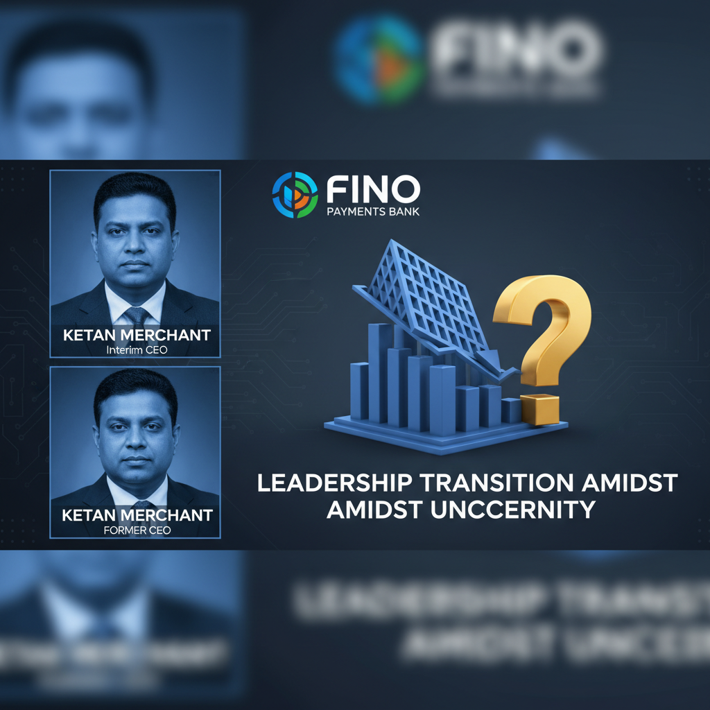 A professional image showing a blurred Fino Payments Bank logo, a bar chart with a downward trend, and a question mark.
