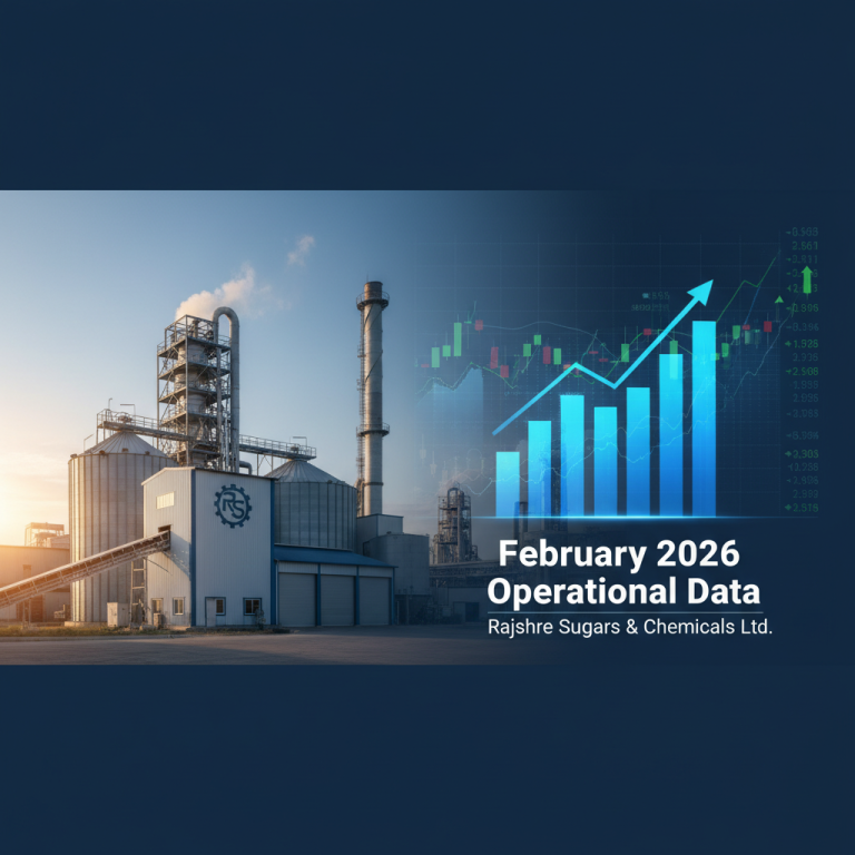 A professional image combining a sugar refinery with a superimposed rising bar graph and stock market charts.
