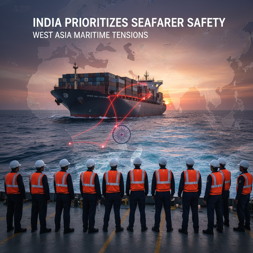Indian seafarers on a ship deck, cargo ship at sunset, global map overlay.
