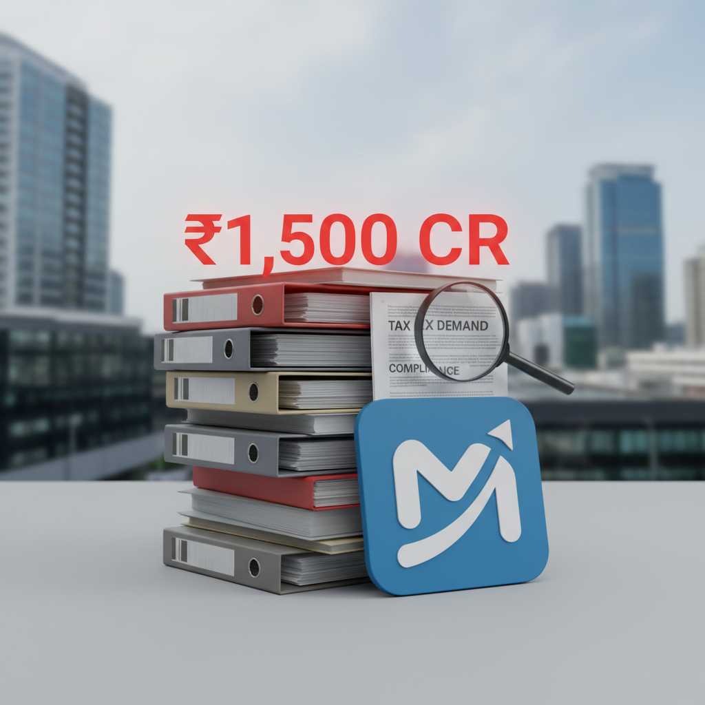A stack of binders with a magnifying glass over a document, "TAX DEMAND" and "COMPLIANCE" visible. The Meesho logo is prominent, and a large "₹1,500 CR" floats above.