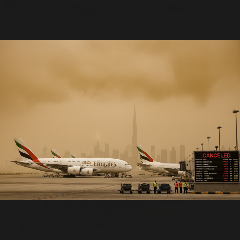 Emirates planes at Dubai airport under a sandstorm sky, with ground crew and a "CANCELED" flight information board.