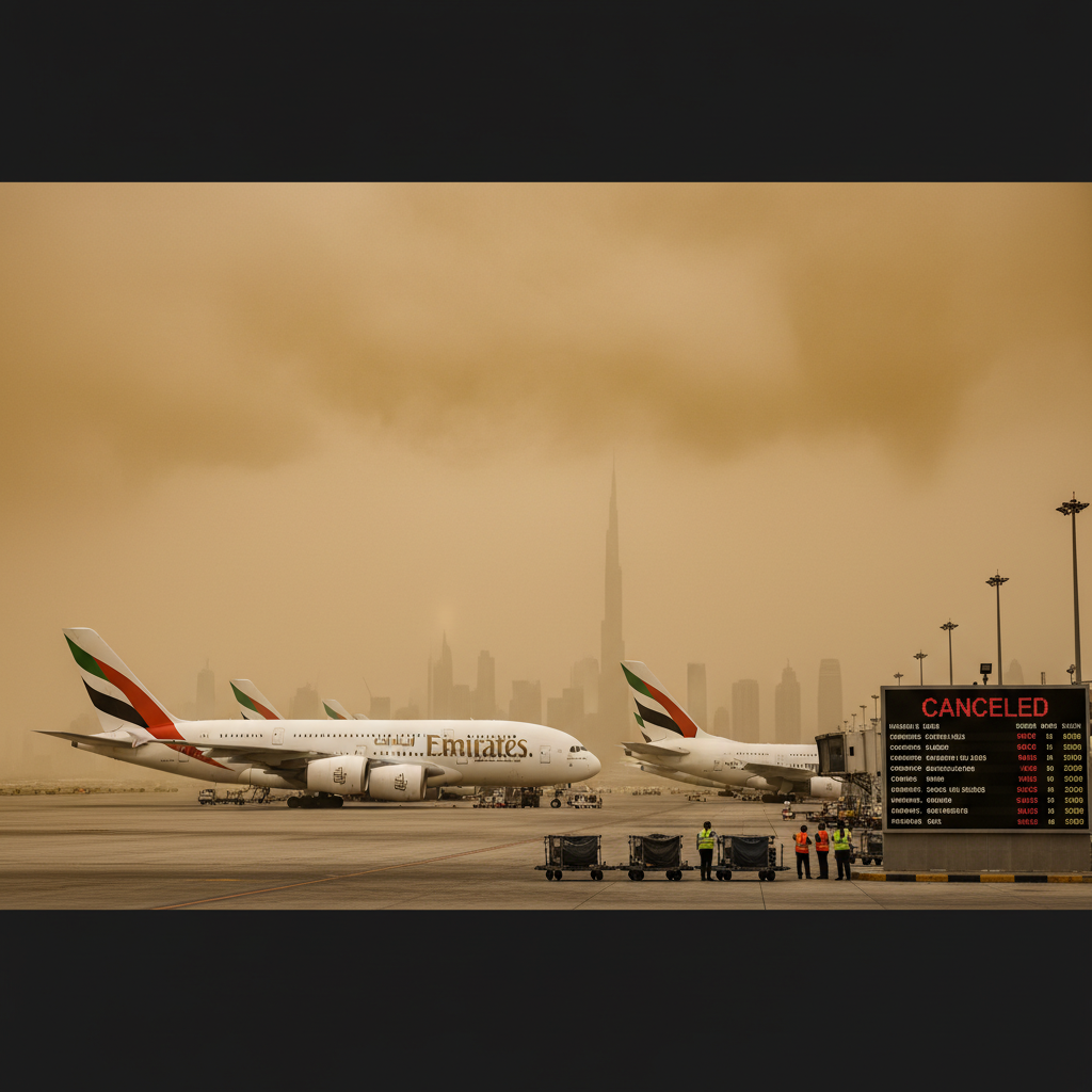 Emirates planes at Dubai airport under a sandstorm sky, with ground crew and a "CANCELED" flight information board.