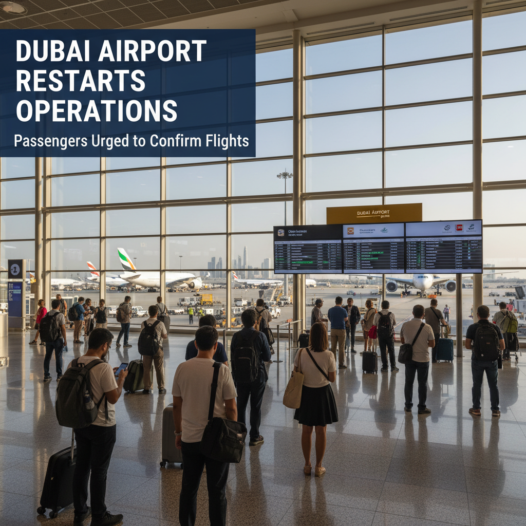 Passengers at Dubai Airport looking at flight information displays with aircraft visible outside.