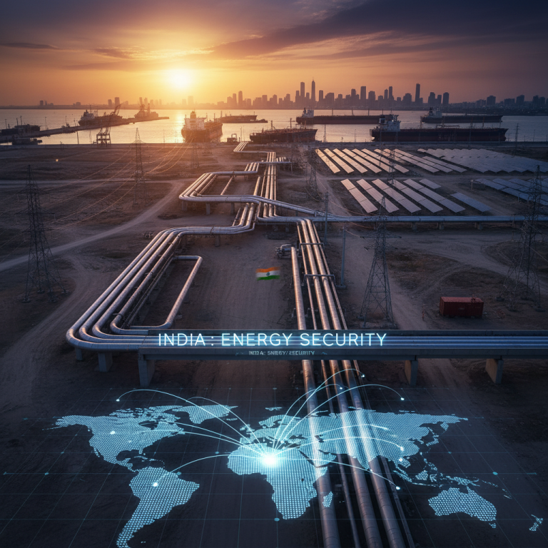 An aerial shot of a port with oil pipelines, solar panels, and ships at sunset, overlaid with a global map indicating energy routes.