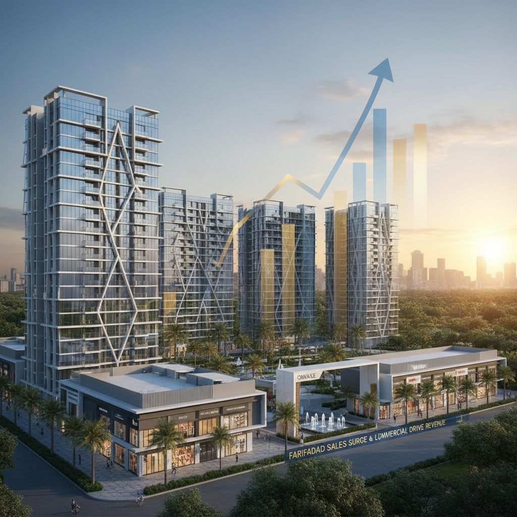 Modern luxury residential and commercial buildings in Faridabad at sunset with an overlaid upward trending graph.