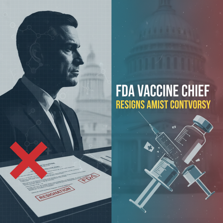 Image related to the FDA Vaccine Chief resignation, with visuals of a Capitol building, a syringe, and resignation papers.