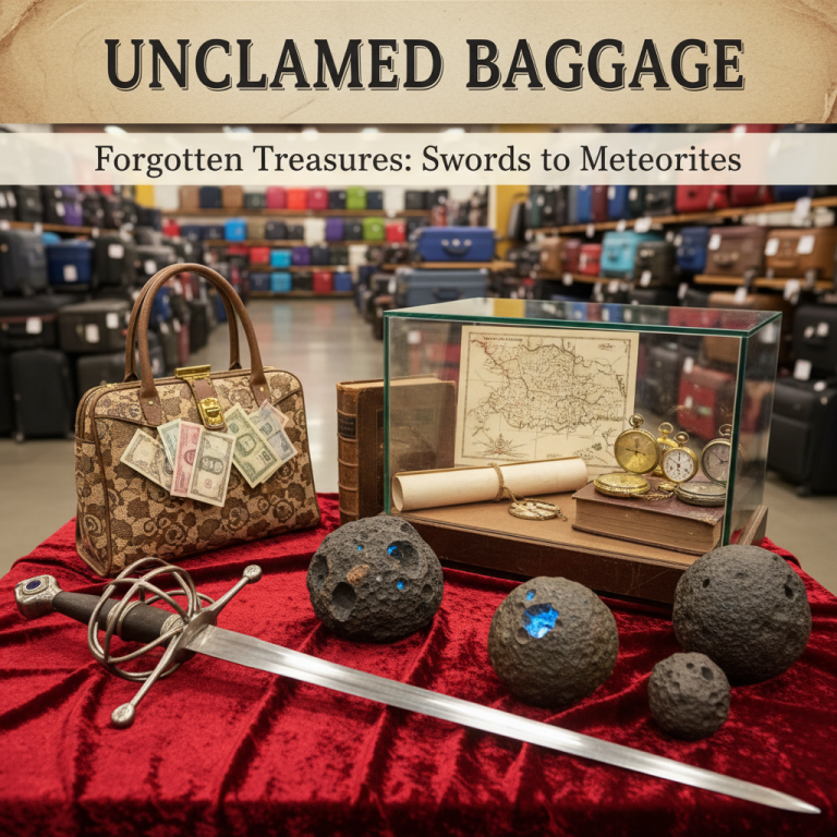 A featured image for an article on unclaimed baggage, showing an old handbag, a sword, meteorites, and vintage items.