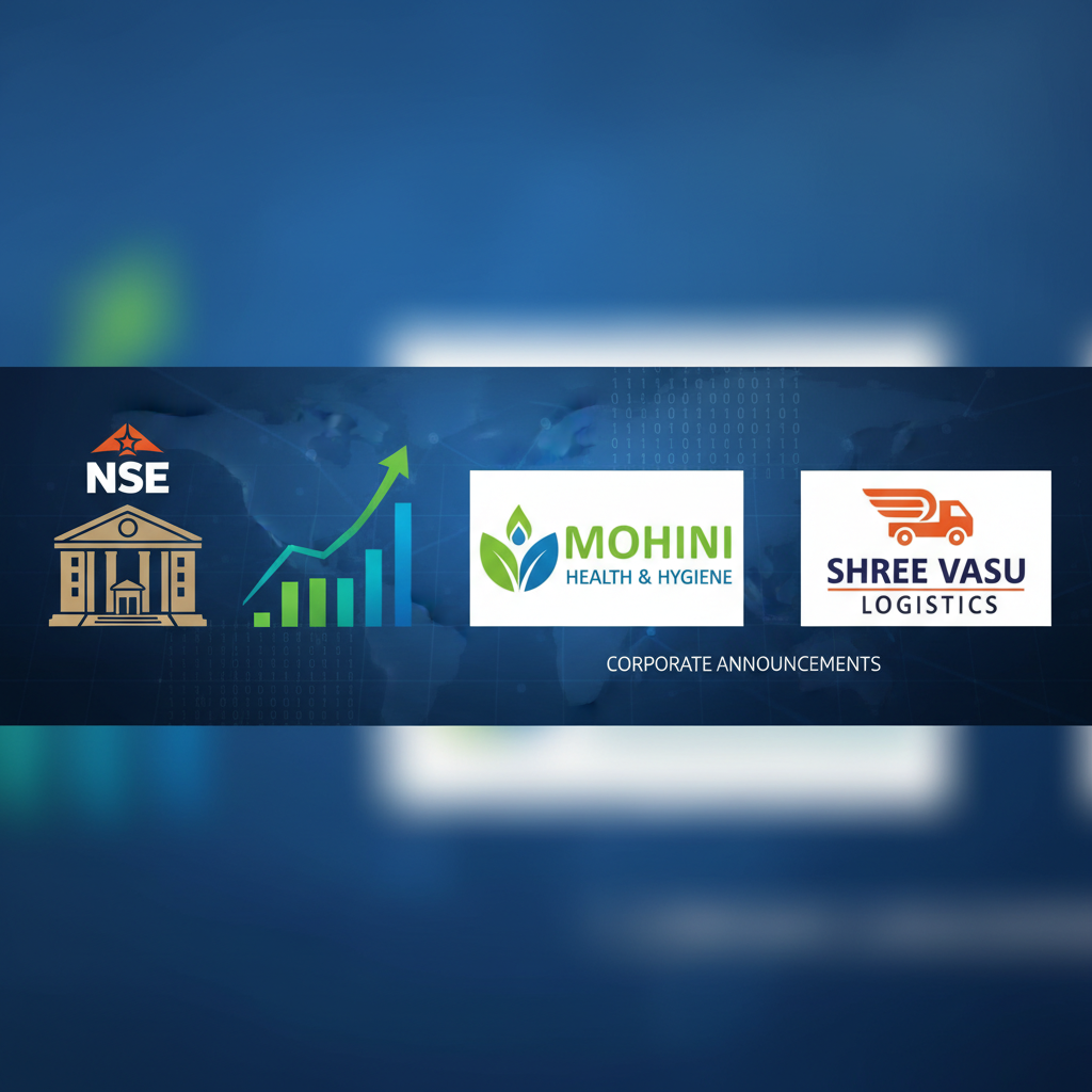 A banner with the NSE logo, a growth chart, and the logos of Mohini Health & Hygiene and Shree Vasu Logistics.