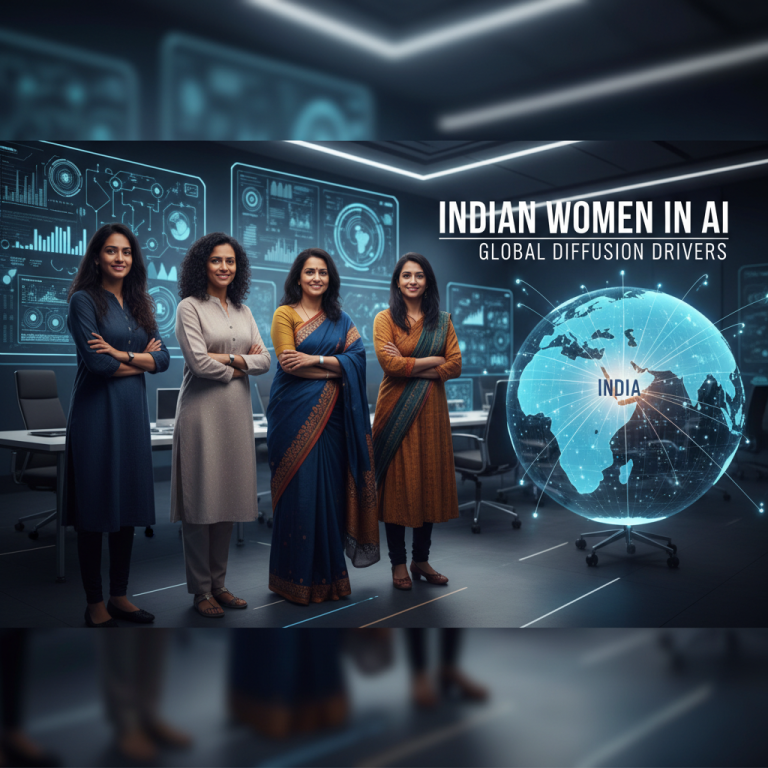 Four professional Indian women in an AI-powered office, with a holographic globe highlighting India.