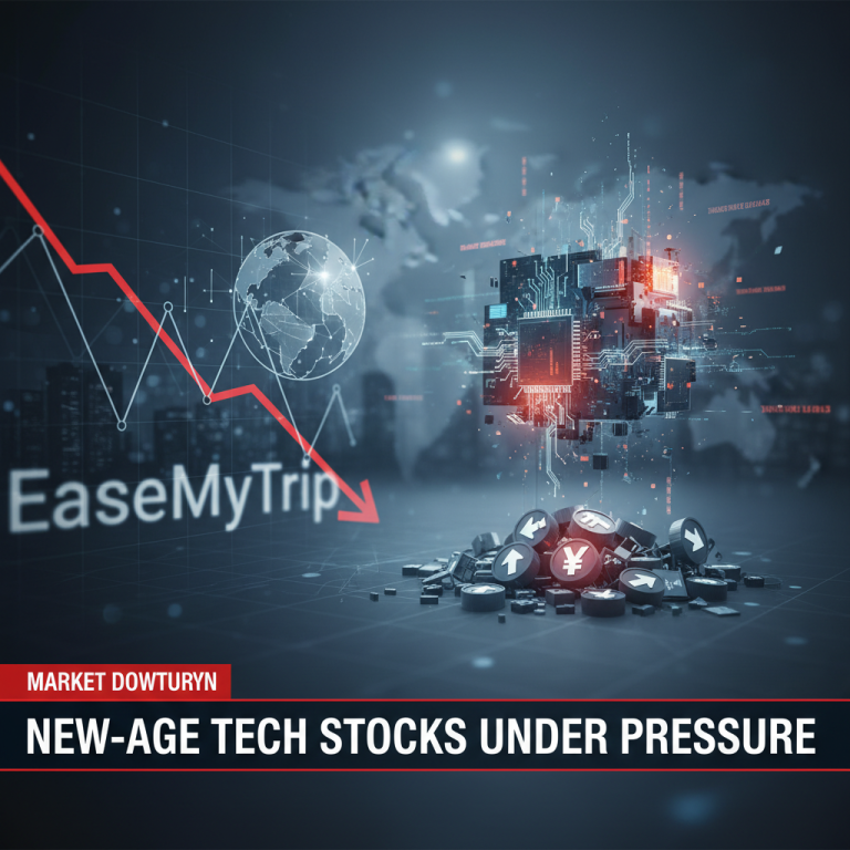 A red downward-trending graph, global map, and tech elements symbolizing market downturn and pressure on tech stocks.