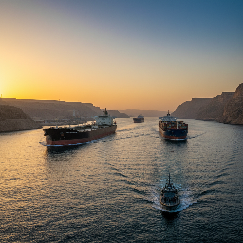 Large cargo ships and a smaller vessel navigate a waterway between desert landscapes at sunset, illustrating shipping and security.