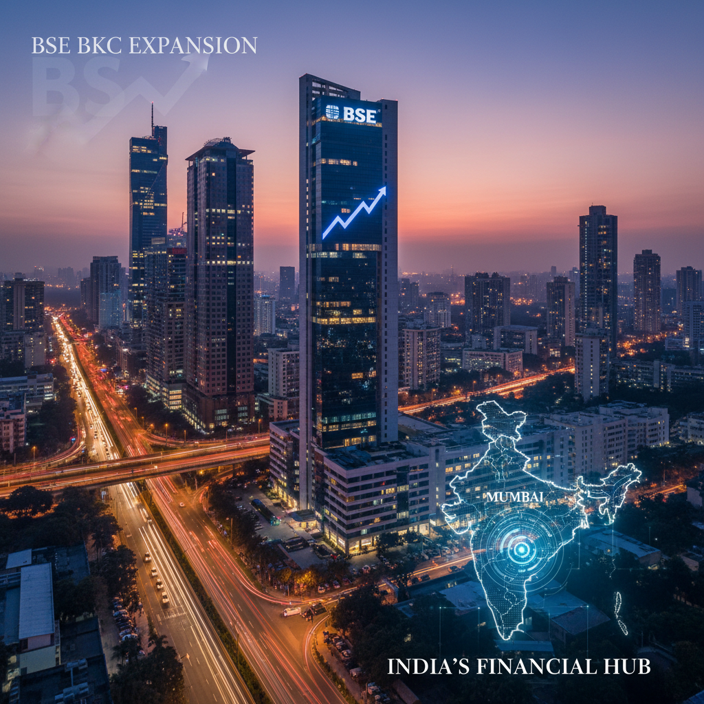 An aerial twilight shot of Mumbai's Bandra Kurla Complex with the prominent BSE building, overlaid with a glowing map of India highlighting Mumbai.