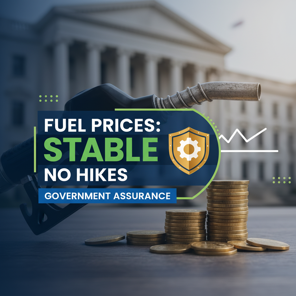 ** A graphic indicating stable fuel prices with a petrol pump nozzle, coins, and a government building in the background.