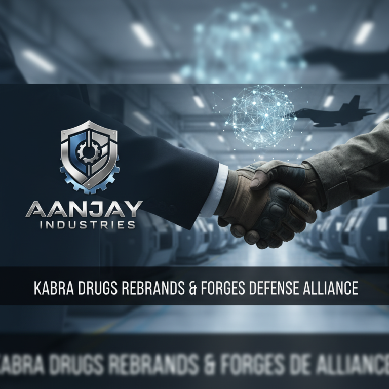 Two hands shaking, one in a suit, one in military gear, with the Aanjaay Industries logo.