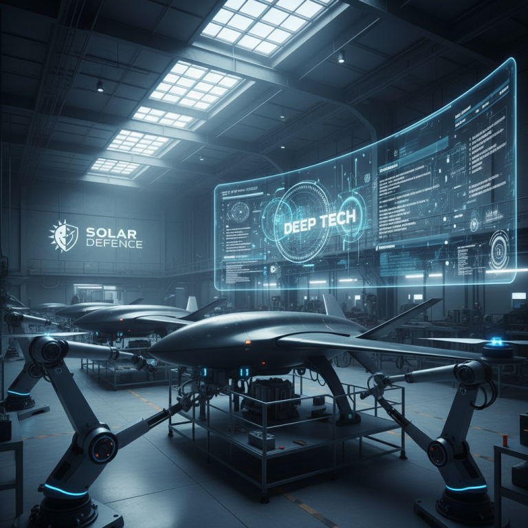 A modern factory floor with drones, robotic arms, and a holographic display showing "DEEP TECH".