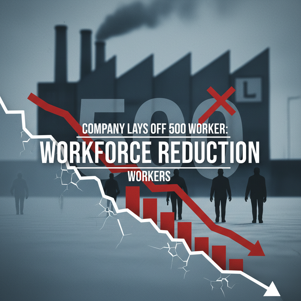 A professional header image showing a factory silhouette with "500" and a downward trend graphic, representing layoffs.