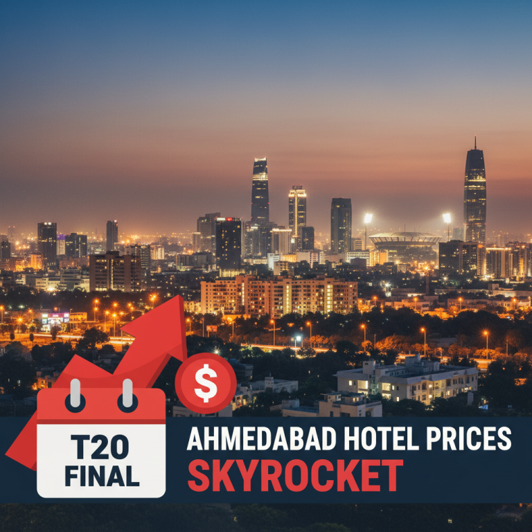 A nighttime skyline of Ahmedabad with a cricket stadium, overlaid with graphics showing rising hotel prices.