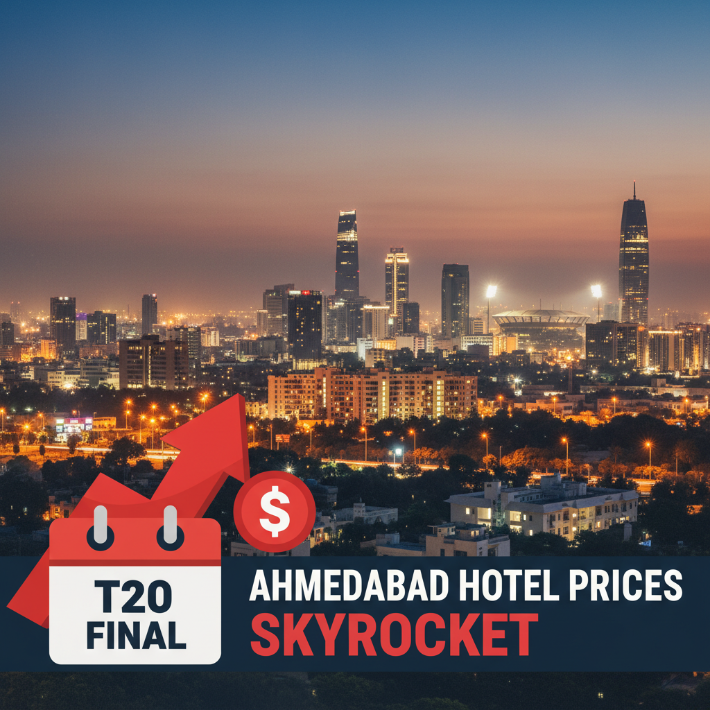 A nighttime skyline of Ahmedabad with a cricket stadium, overlaid with graphics showing rising hotel prices.