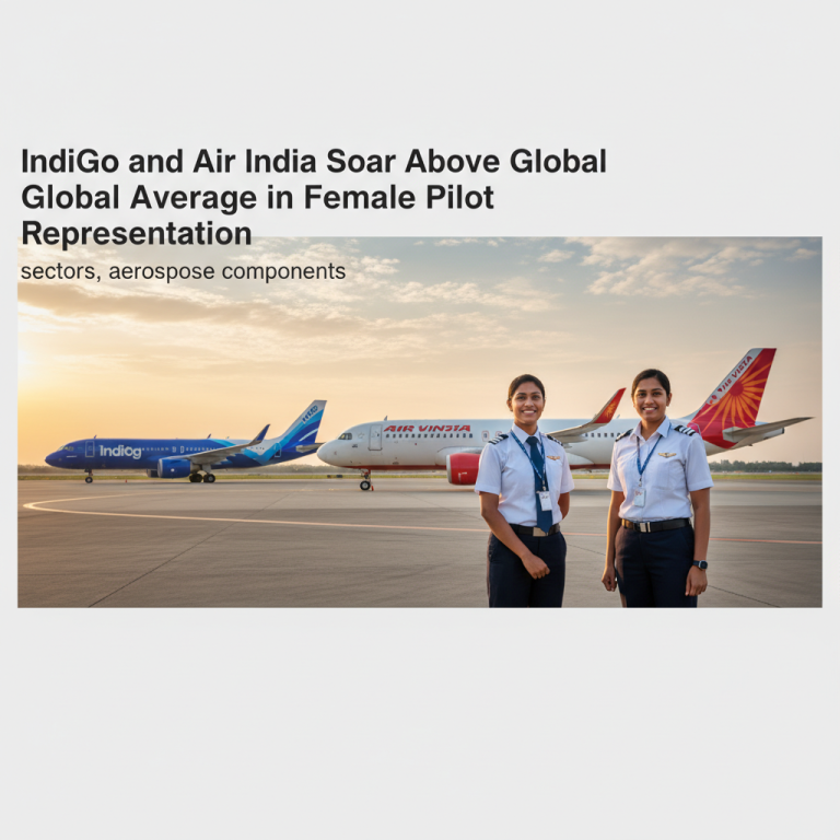Two female pilots smiling in uniform on an airport tarmac with IndiGo and Air India planes behind them.