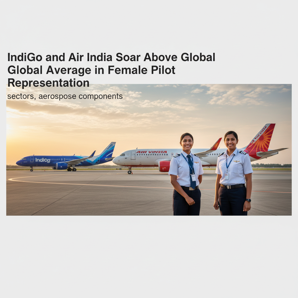 Two female pilots smiling in uniform on an airport tarmac with IndiGo and Air India planes behind them.