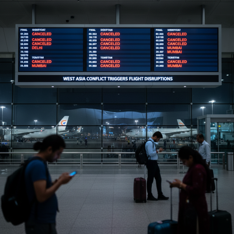 Airport departures board showing "CANCELED" flights for Delhi and Mumbai due to West Asia conflict. Passengers look at phones.