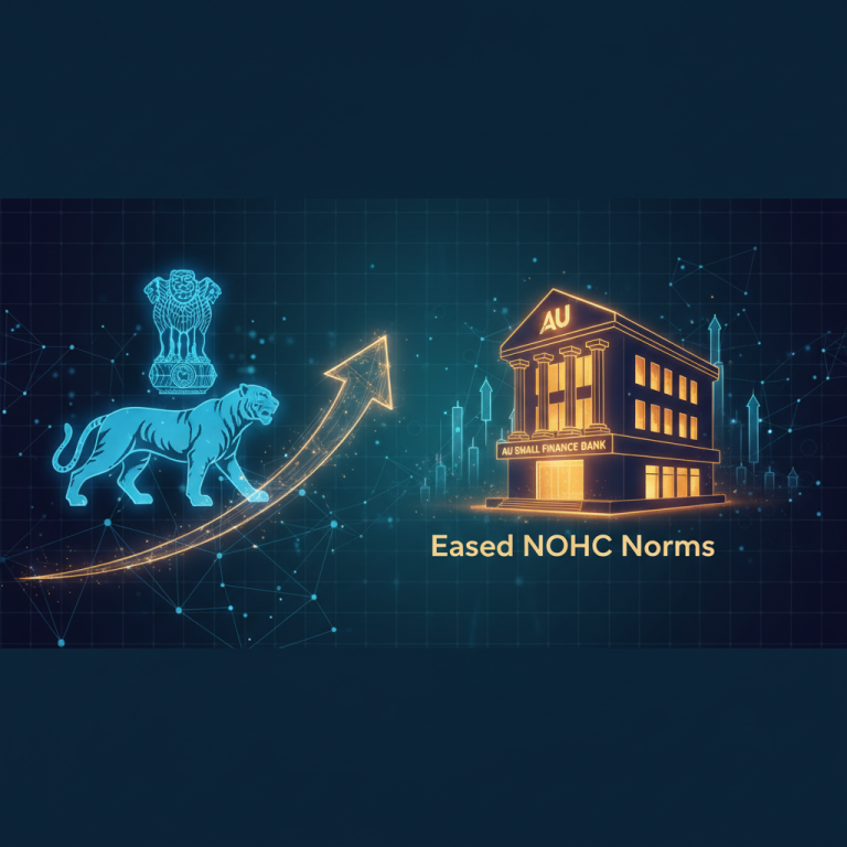 Digital illustration of India's national emblem and tiger with a bank building, signifying policy changes and growth.