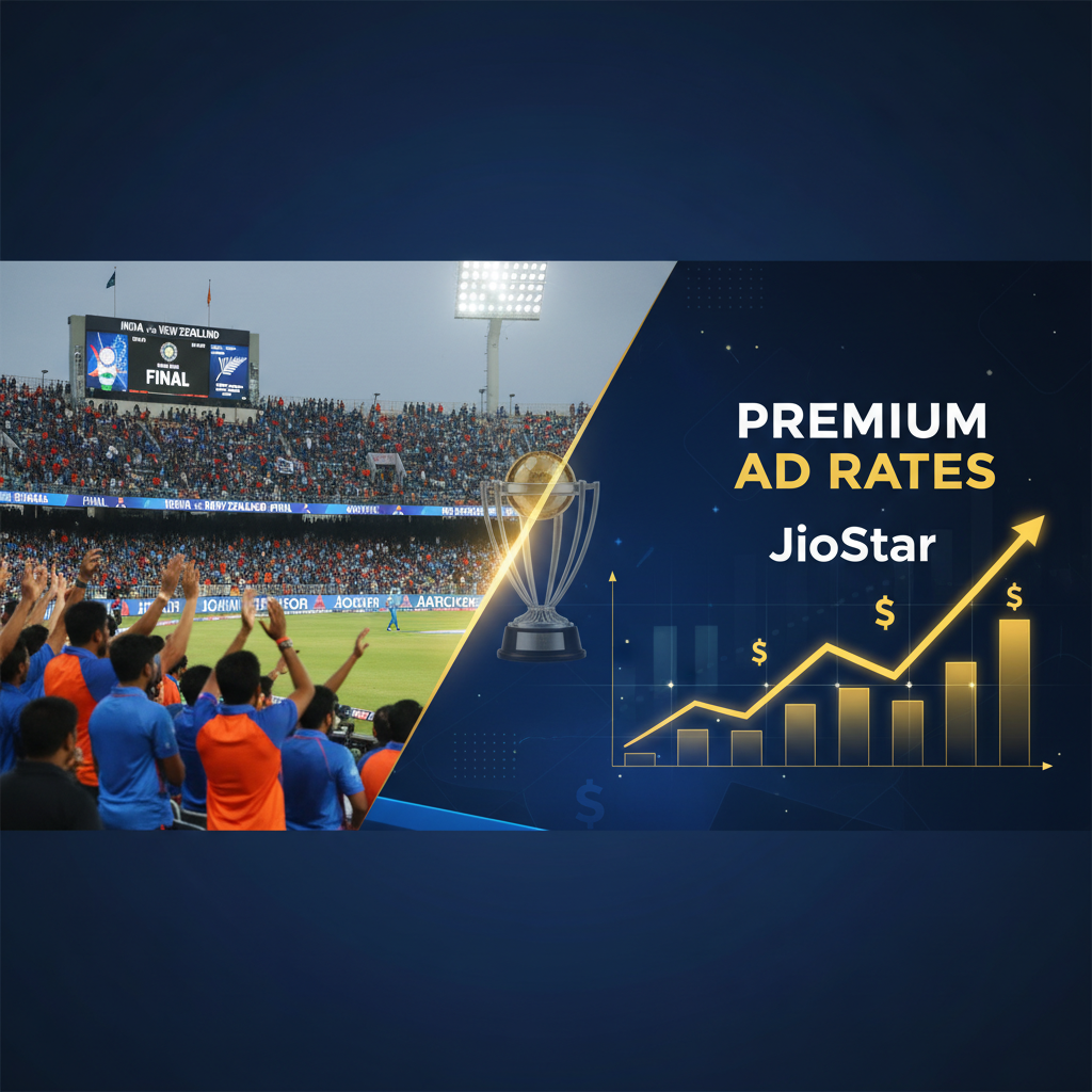 A split image showing a cricket stadium with fans and a graph illustrating premium ad rates for JioStar.