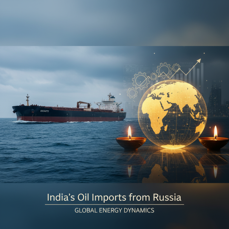 An oil tanker at sea, with a glowing globe, traditional lamps, and economic charts in the foreground.