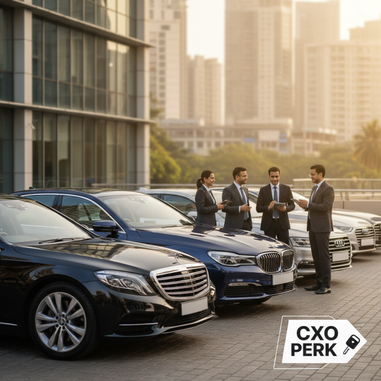 A group of well-dressed CXOs stand next to luxury cars, reviewing documents on tablets, with a city skyline in the background.