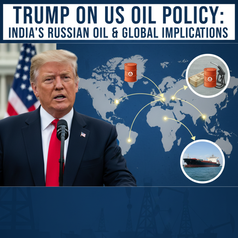 Donald Trump speaking at a podium with a world map showing oil trade routes and oil-related icons.