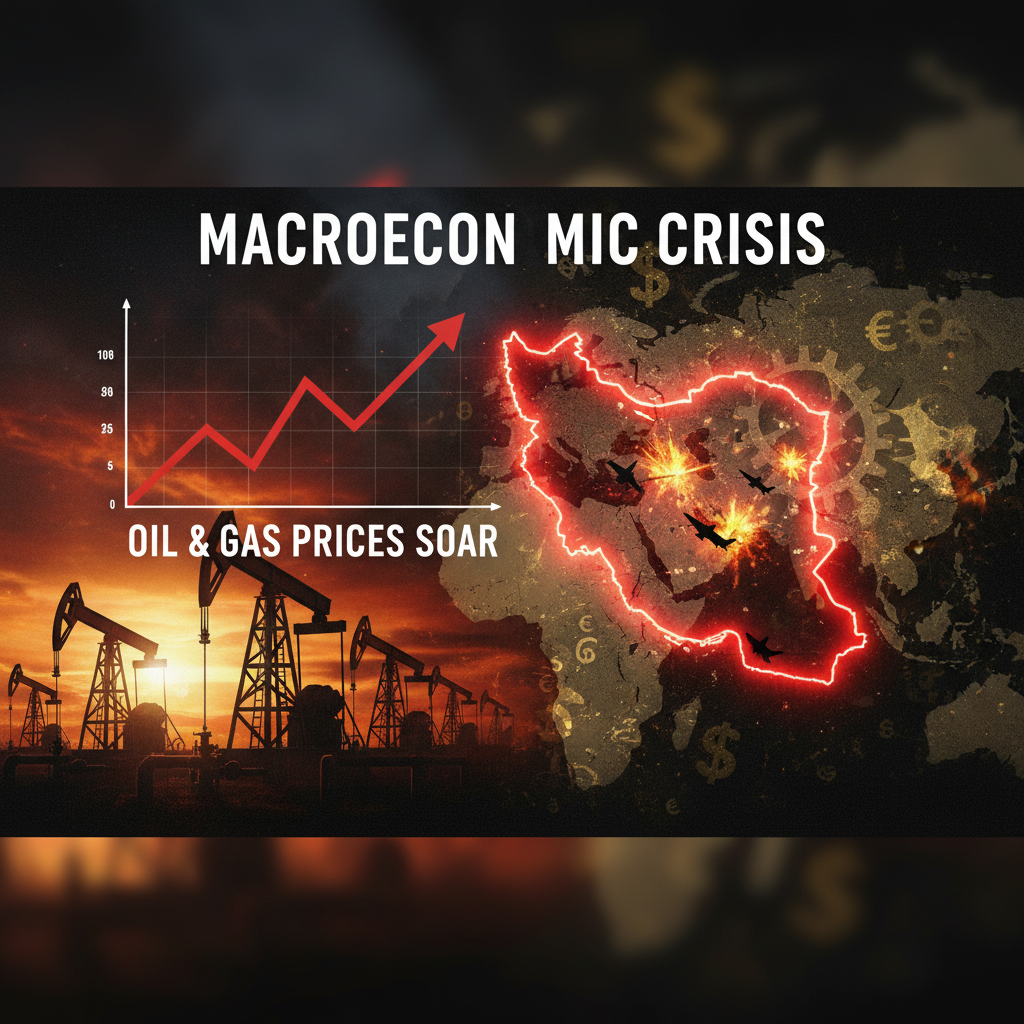 An image showing oil derricks, a rising graph, and a map of Iran with war effects, symbolizing a macroeconomic crisis.