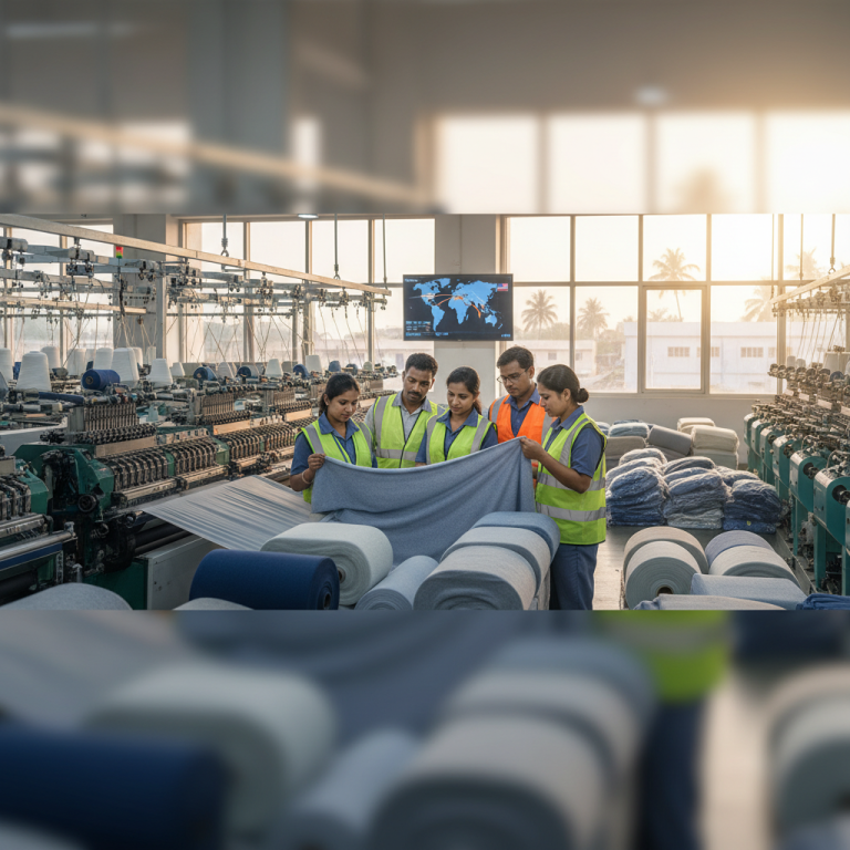 Indian textile workers in a factory, examining fabric with a world map displayed in the background.