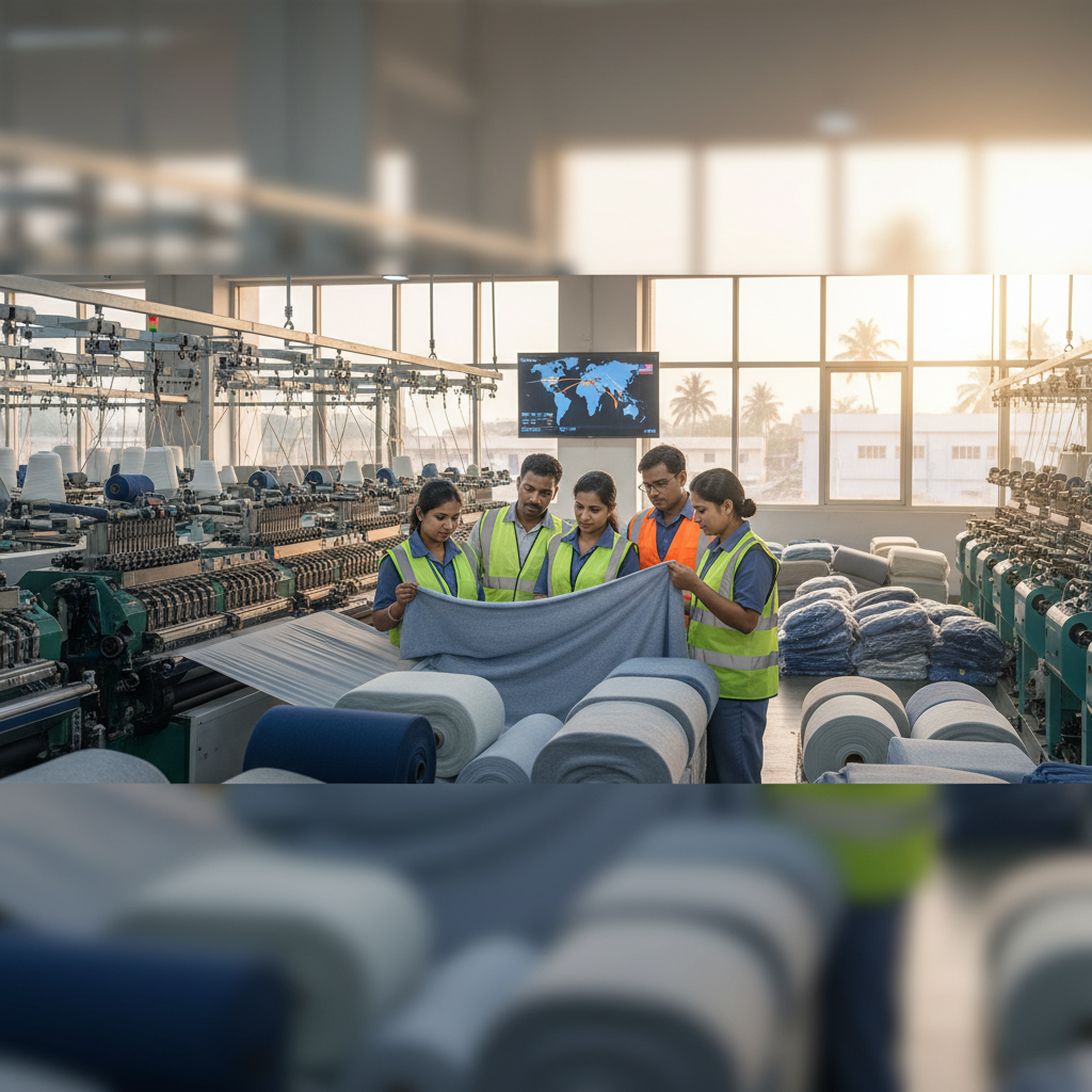 Indian textile workers in a factory, examining fabric with a world map displayed in the background.