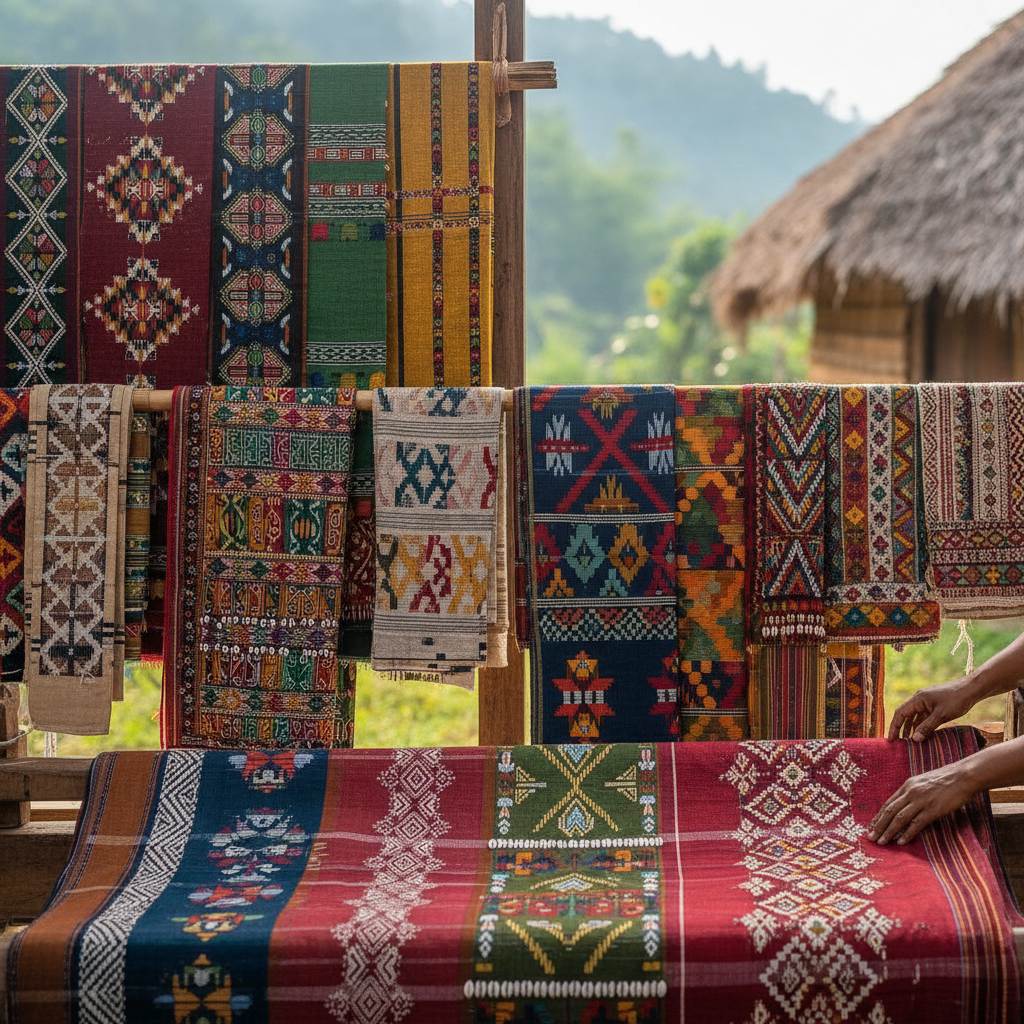 A collection of vibrant, handwoven textiles from Northeast India displayed outdoors, with hands adjusting one in the foreground.