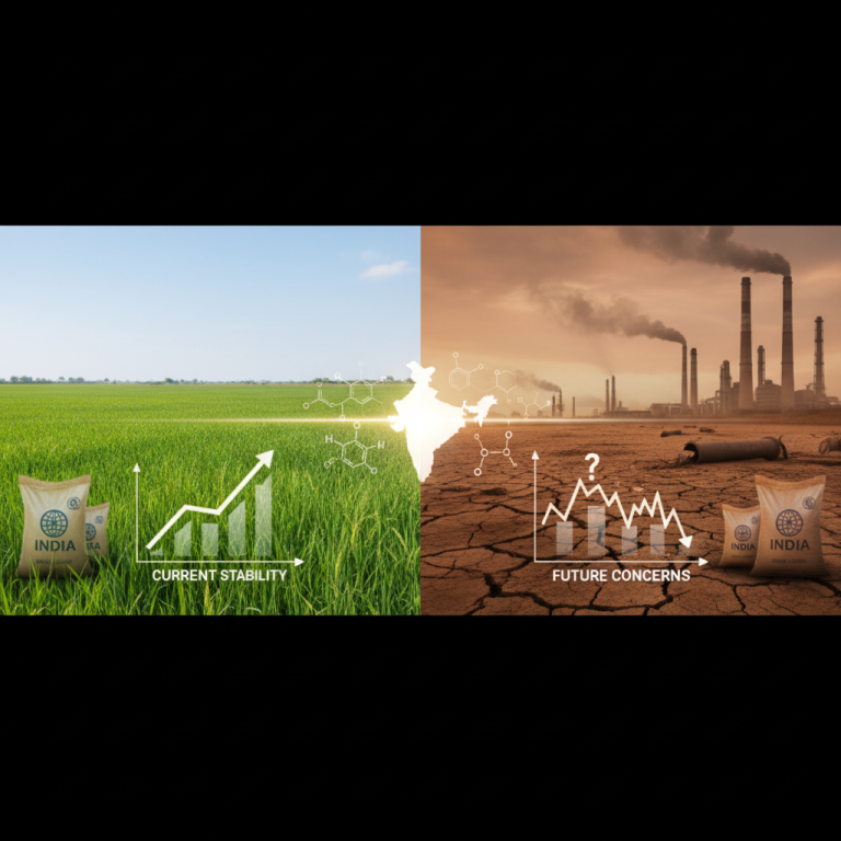 Split image showing lush green fields with growth charts on one side and a barren, cracked landscape with pollution on the other.