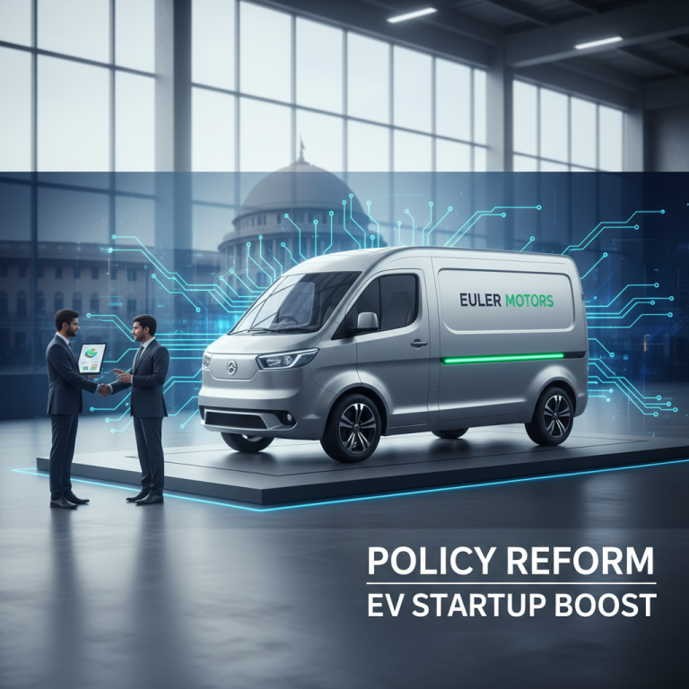Two businessmen shaking hands in front of an Euler Motors electric van, with a government building in the background.