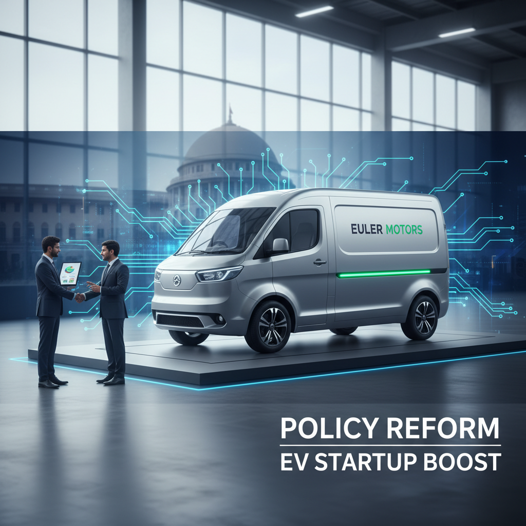 Two businessmen shaking hands in front of an Euler Motors electric van, with a government building in the background.