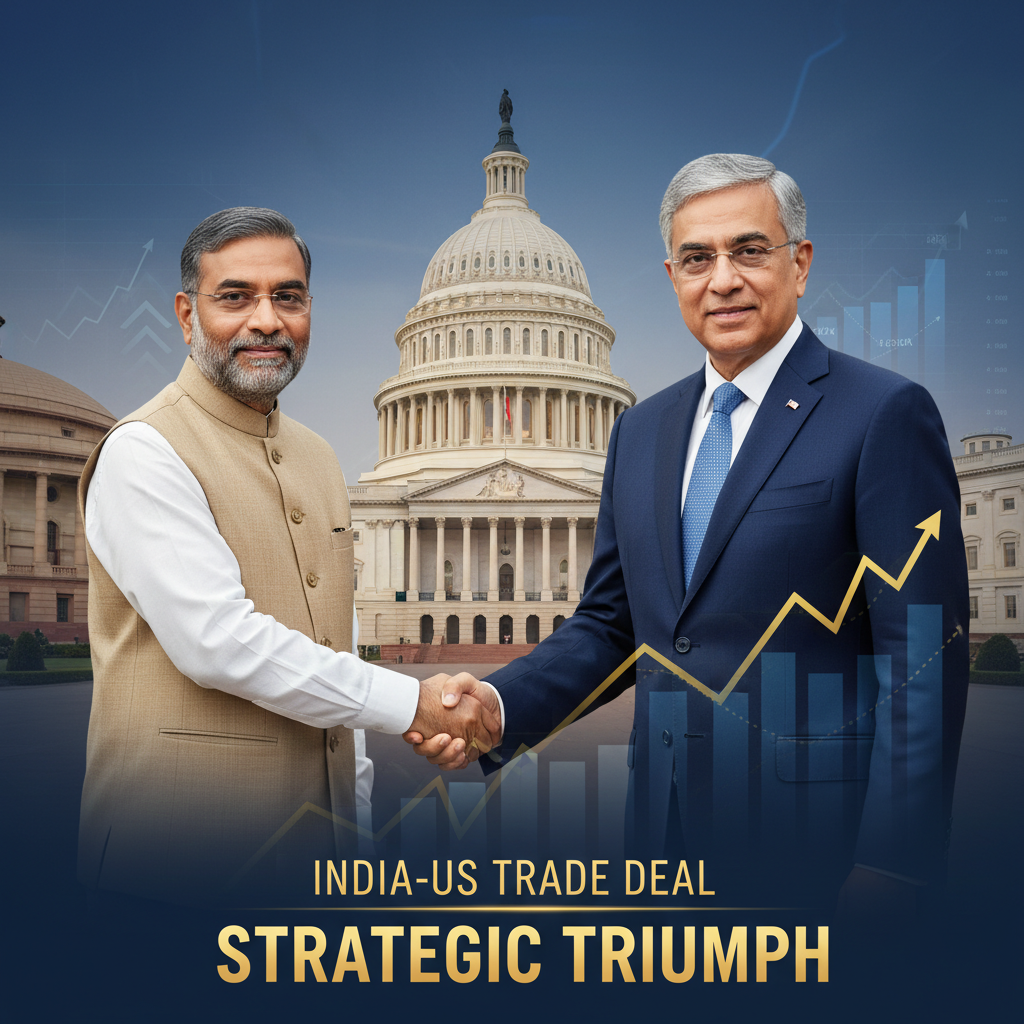 Two leaders shaking hands with the US Capitol in the background and a rising graph symbolizing trade growth.
