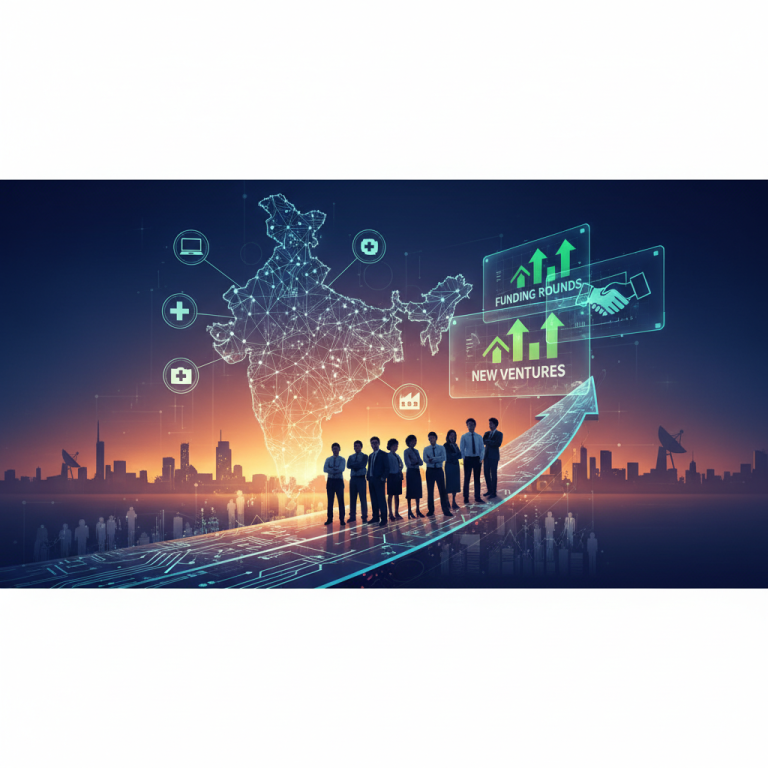 A professional image depicting the Indian startup ecosystem, showing business professionals and digital growth elements.