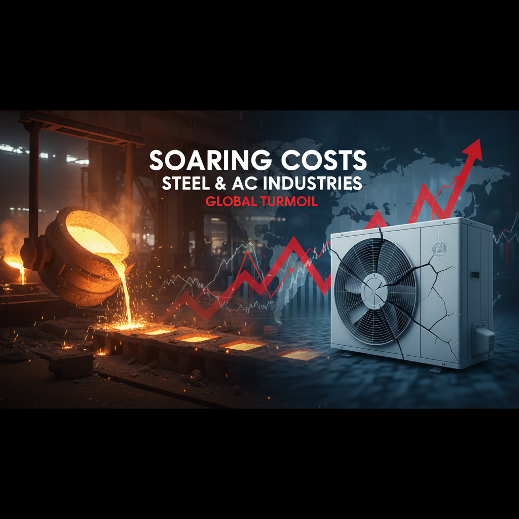 Molten steel being poured, a cracked AC unit, and an upward trending red graph line against a world map.