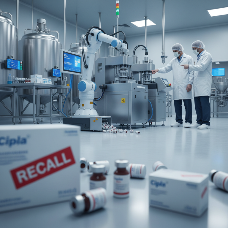 Two scientists in a sterile lab, with a "RECALL" box in the foreground and a robot arm spilling pills.