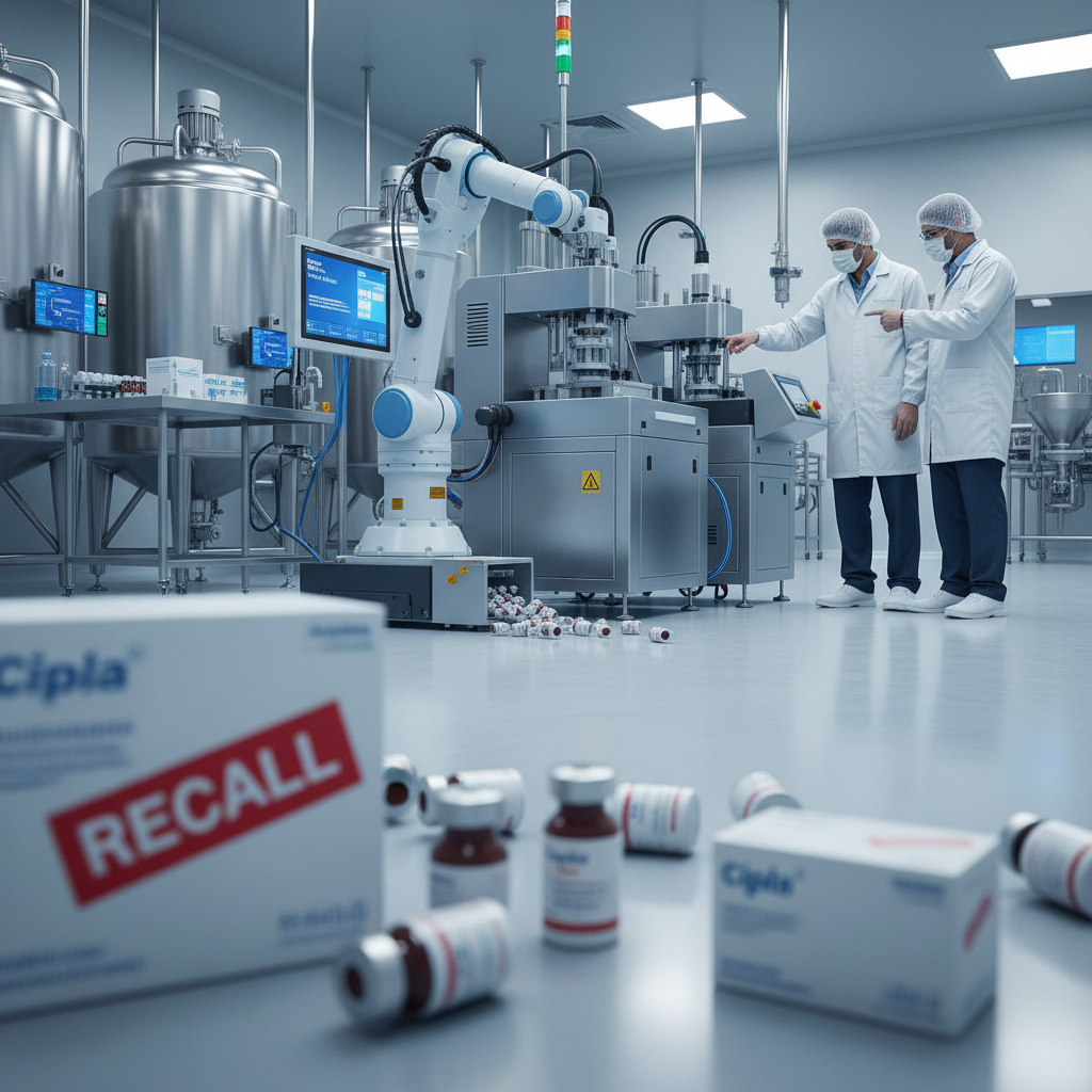 Two scientists in a sterile lab, with a "RECALL" box in the foreground and a robot arm spilling pills.