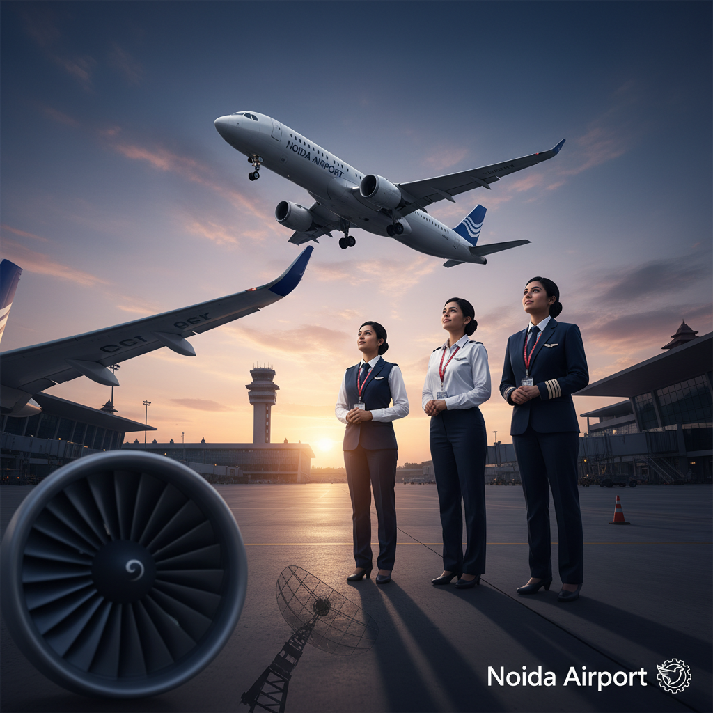 Three women, an aviation executive, cabin crew, and pilot, stand at an airport as planes take off.