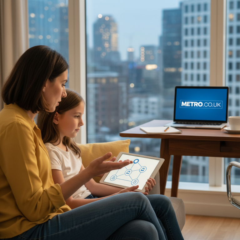 A mother and daughter collaboratively engaging with a digital tablet in a modern living space with a city view.