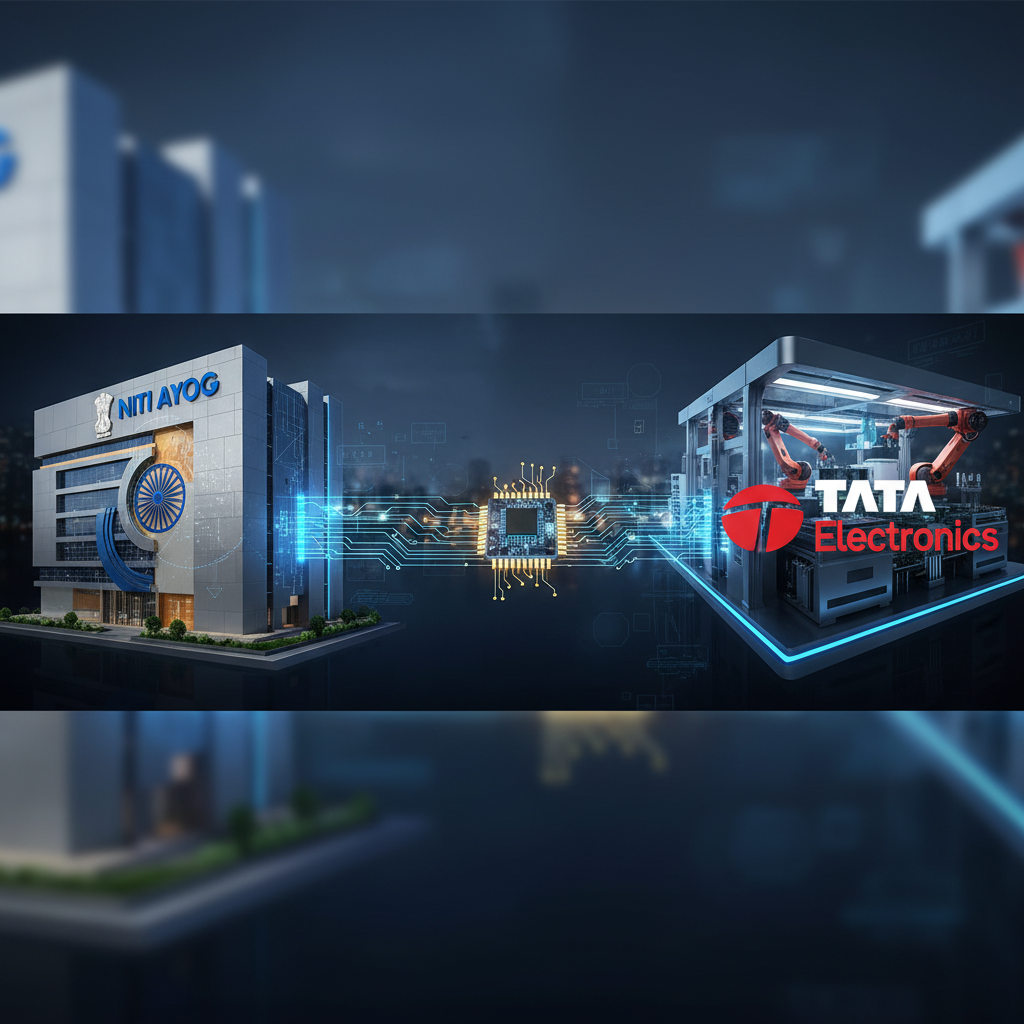 A conceptual image showing the NITI Aayog building connected to a Tata Electronics manufacturing facility via a digital circuit.