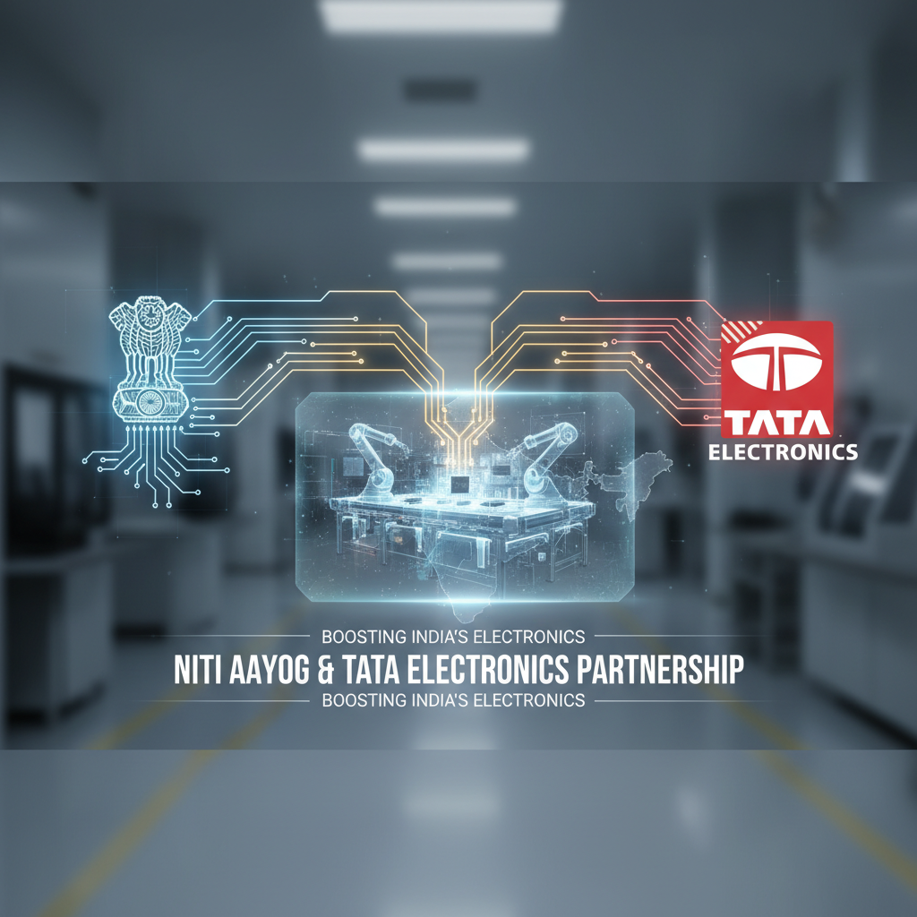 Digital illustration showing Niti Aayog and Tata Electronics logos connected by circuits over a factory background.