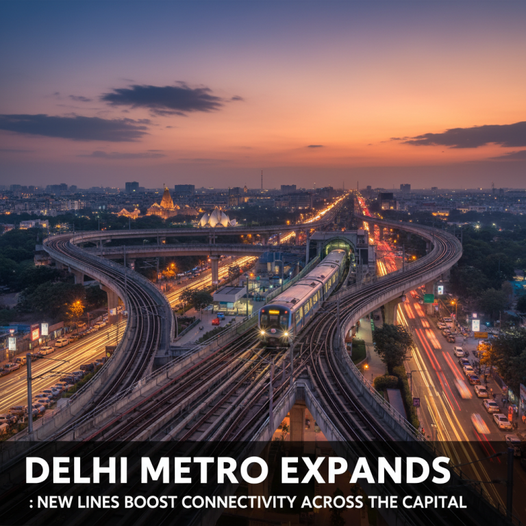 An aerial view of a Delhi Metro train on an elevated track at sunset with city lights