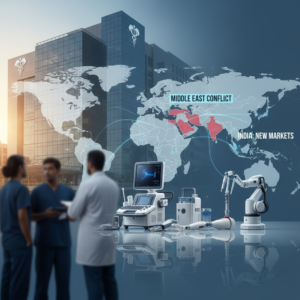 Doctors in front of a hospital with a world map showing conflict zones and new market opportunities for medical devices.