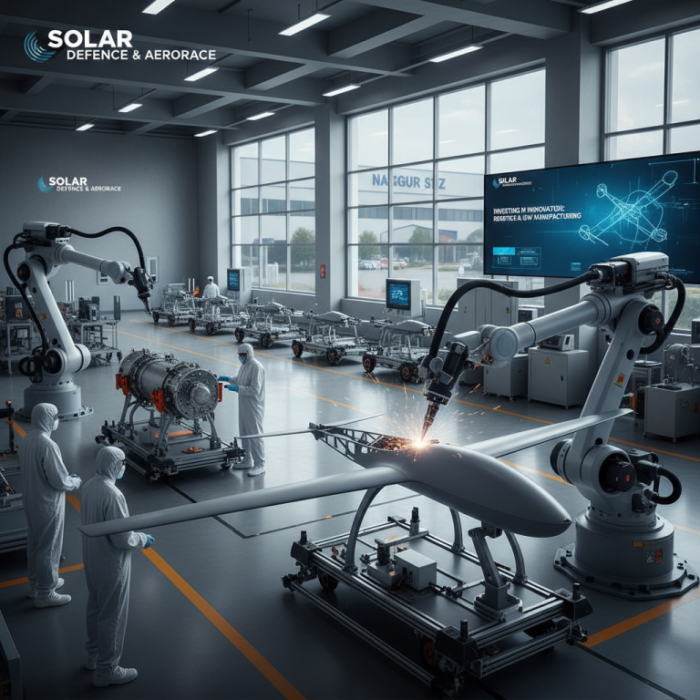 A high-tech factory floor with robotic arms assembling drones and other aerospace components.